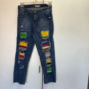 MISSLOOK Straight Leg Jeans in Blue and Green with Distressed Details